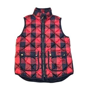 J. Crew Excursion Quilted Down Puffer Vest Women Medium Buffalo Check Red Black